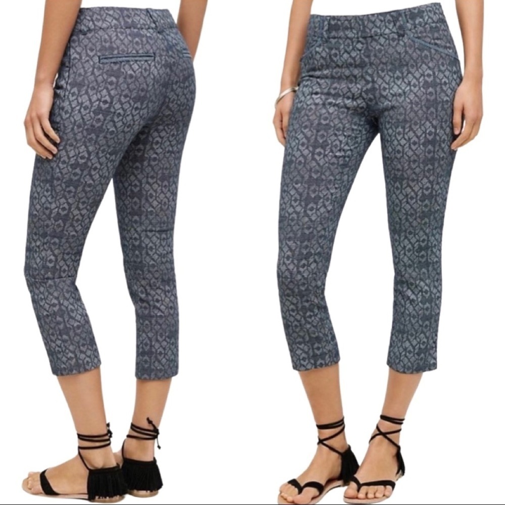 ANTHROPOLOGIE Cartonnier Charlie Crop Trouser Pant Cotton Stretch Blue Pattern
